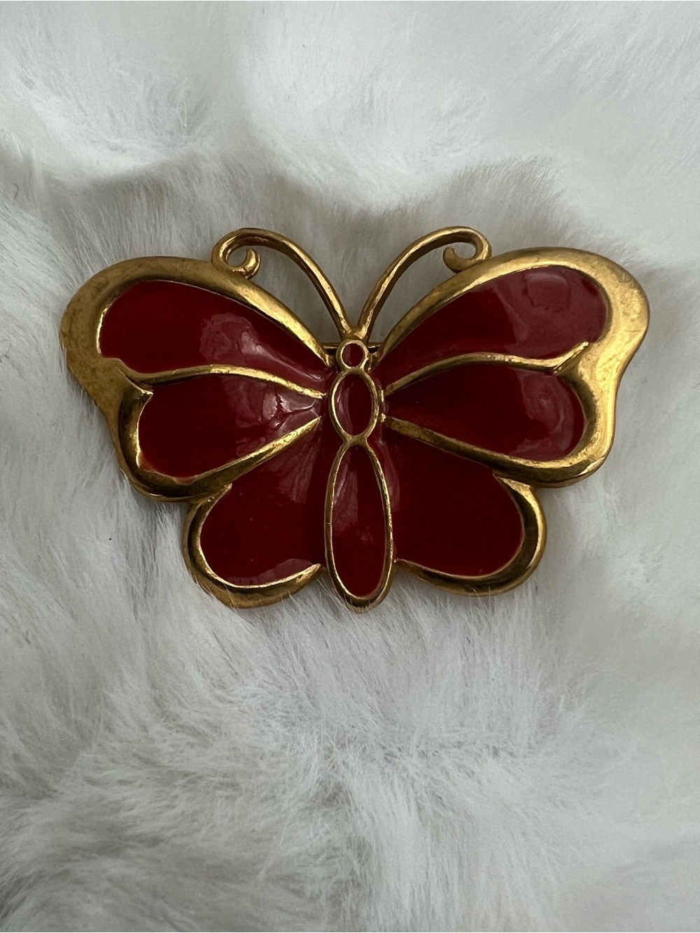 Vintage Red Enamel Gold Butterfly Brooch Pin 1.5”x1” Retro Mid Century